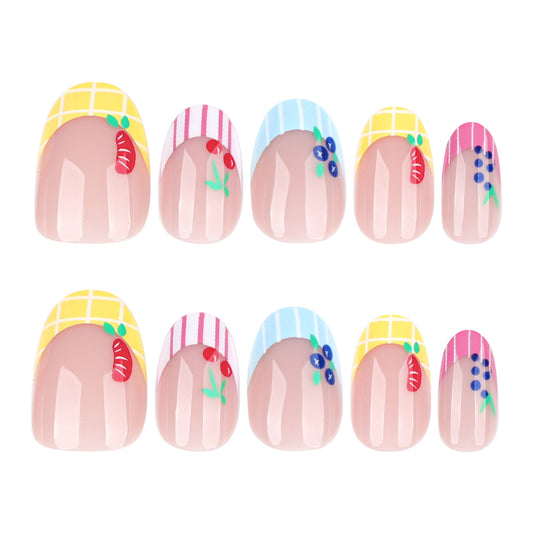 Nude Pink Lemon Press On Nails Floral French Tip Blue Flower Summer Oval Shape Glossy Cute Fake Nails Reusable Full Cover Natural Fresh Nail Kit 125
