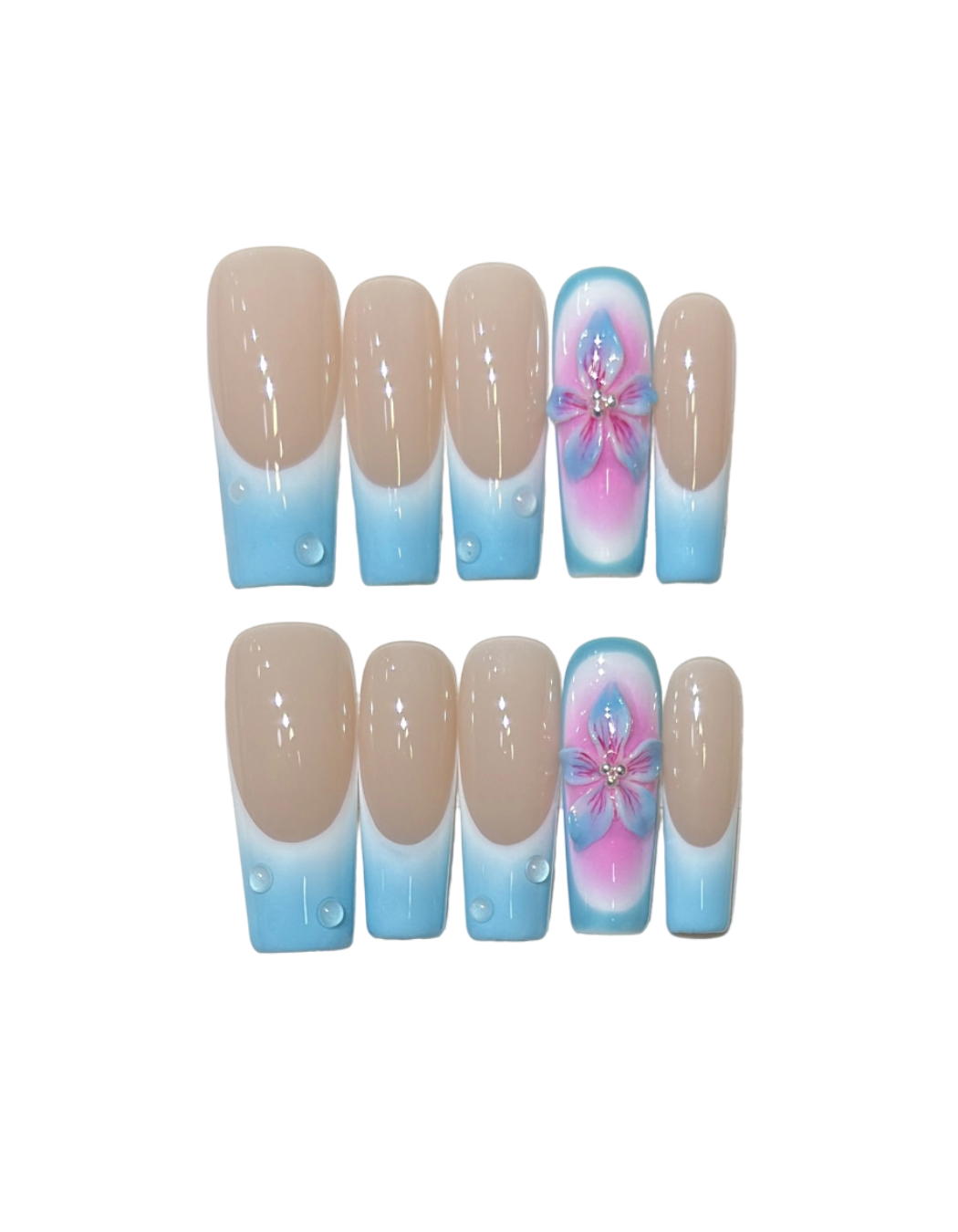 Nude to Blue Ombre Press On Nails Square Shape – Hand Painted Floral Rhinestone Summer French Tip Reusable Nail Set 201