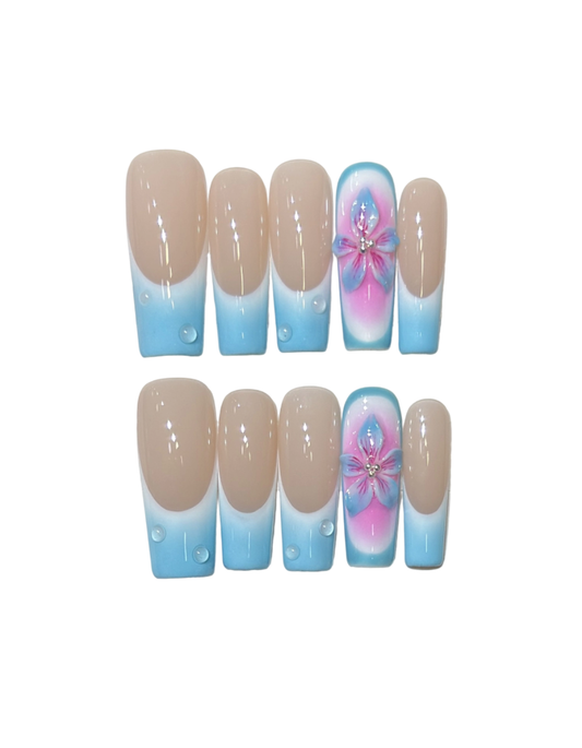 Nude to Blue Ombre Press On Nails Square Shape – Hand Painted Floral Rhinestone Summer French Tip Reusable Nail Set 201