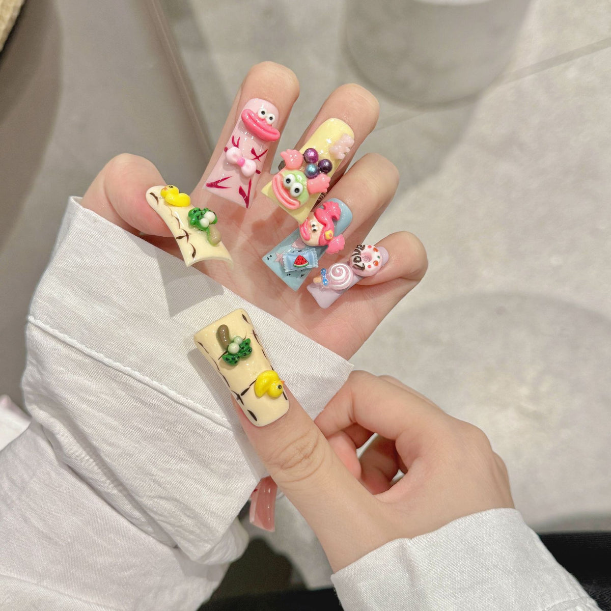 Cute Cartoon Press On Nails | Short Duck Nails in Pastel Colors with 3D Duck, Bow, Donut & Candy Charms | Reusable Kawaii Nail Set 348