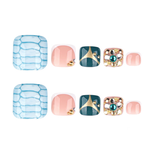 Ice Blue Snake Press On Toenails Mixed Design Nude Pink French Tip Dark Green Metallic Rhinestone Pearl Glossy Short Squoval Fake Toenails Full Cover Reusable Pedicure Nails for Vacation Beach Party 137