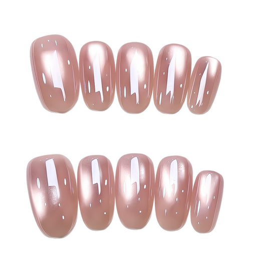 Nude Pink Mirror Press On Nails Oval – Glossy Metallic False Nails Reusable Nail Set 176