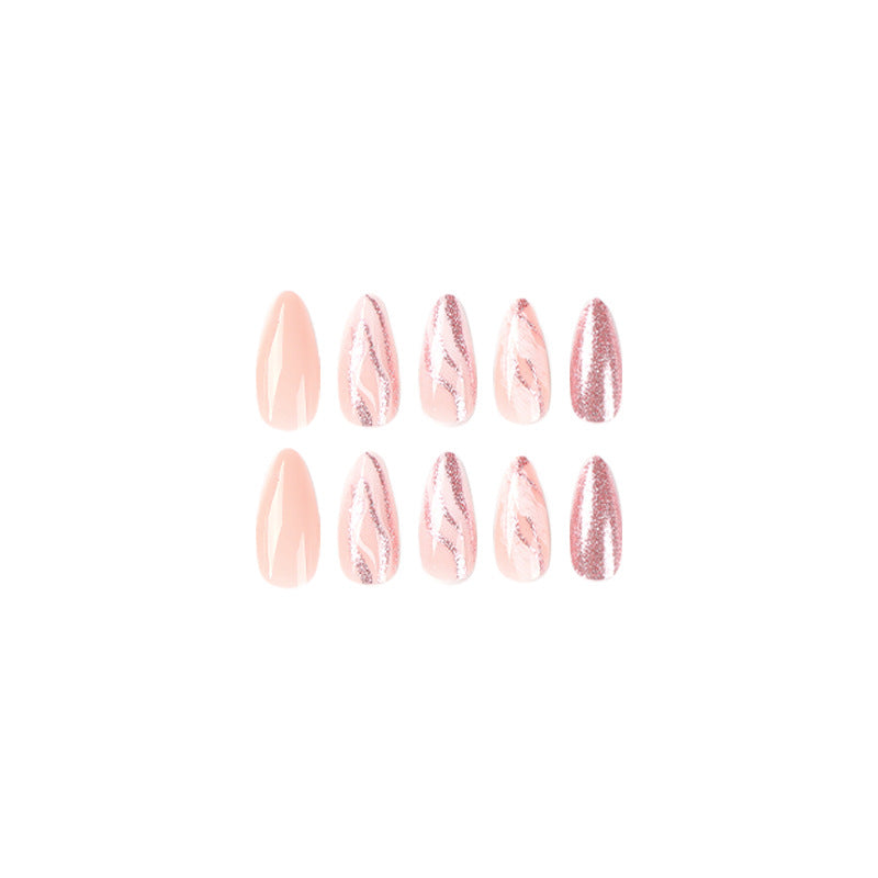 Press On Nails Nude Pink Glitter Wave Glossy Fake Nails Elegant Minimal Shiny Nails Luxury Natural Look Reusable Full Cover Stick On Nails for Women Daily Office Wedding 84