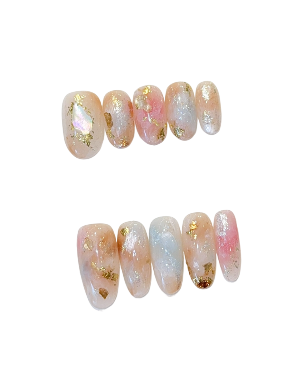 Watercolor Jelly Press-On Nails – Oval Nails with Pink Blue Gradient, Shell Foil & Gold Foil Accents | Minimal Reusable Nail Set 304