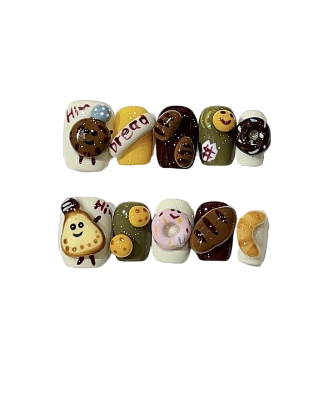 3D Bread Press On Nails – Short Round Cute Food Acrylic Nails Reusable 16