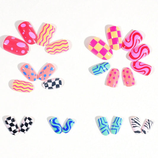 Y2K Press-On Nails Almond Colorful Pattern Mix Wave Checker Reusable Glue On Fake Nails Trendy Set 44