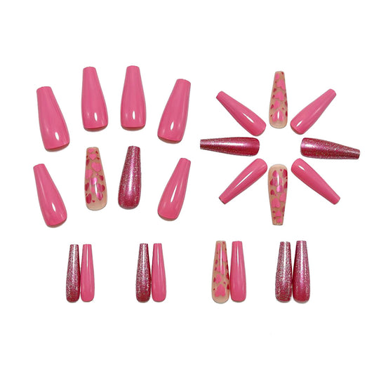 Pink Press-On Nails Coffin Shape Barbie Heart Glitter Reusable Glue On Fake Nails Y2K Cute Nail Set 36