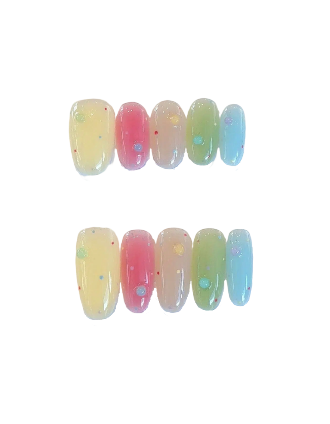 Pastel Jelly Press On Nails | Medium-Long Oval Nails in Yellow, Pink, Lime Green & Sky Blue | Sheer Jelly Finish with 3D Clear Beads & Colorful Dots | Reusable Nail Set 349