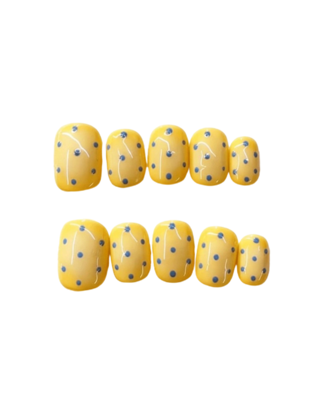 Butter Yellow Press On Nails Short Squoval – Blue Polka Dot Hand Painted Minimalist Summer Reusable Nail Set 202