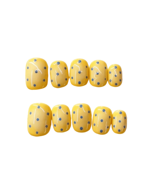 Butter Yellow Press On Nails Short Squoval – Blue Polka Dot Hand Painted Minimalist Summer Reusable Nail Set 202