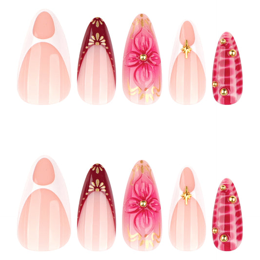 Nude Pink Press On Nails with Red Gold Floral French Tip Design Almond Shape Chinese Style Elegant Luxury Full Cover False Nails Kit Reusable 133