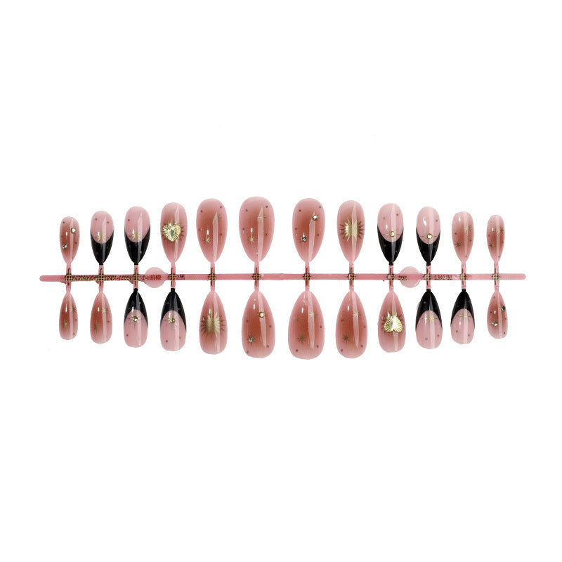 Nude Pink Press-On Nails Almond Black French Tip Star Rhinestone Reusable Glue On Fake Nails Elegant Set 46