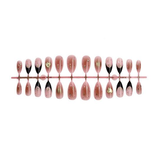 Nude Pink Press-On Nails Almond Black French Tip Star Rhinestone Reusable Glue On Fake Nails Elegant Set 46