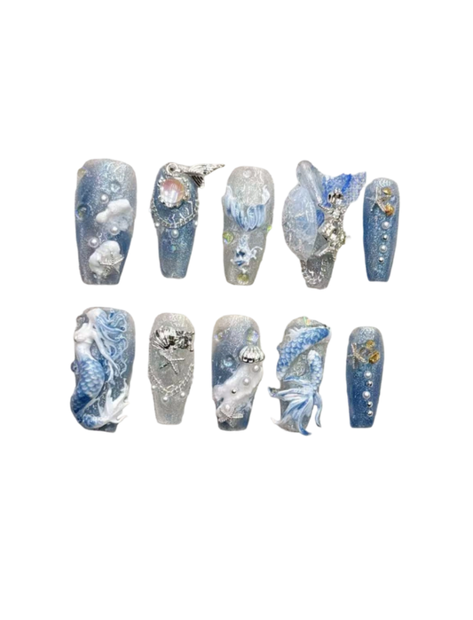 Ocean Inspired Press-On Nails – Ice Blue Silver Cat Eye Almond Nails | 3D Shell, Pearl & Ocean-Inspired Details Reusable Nail Set 254