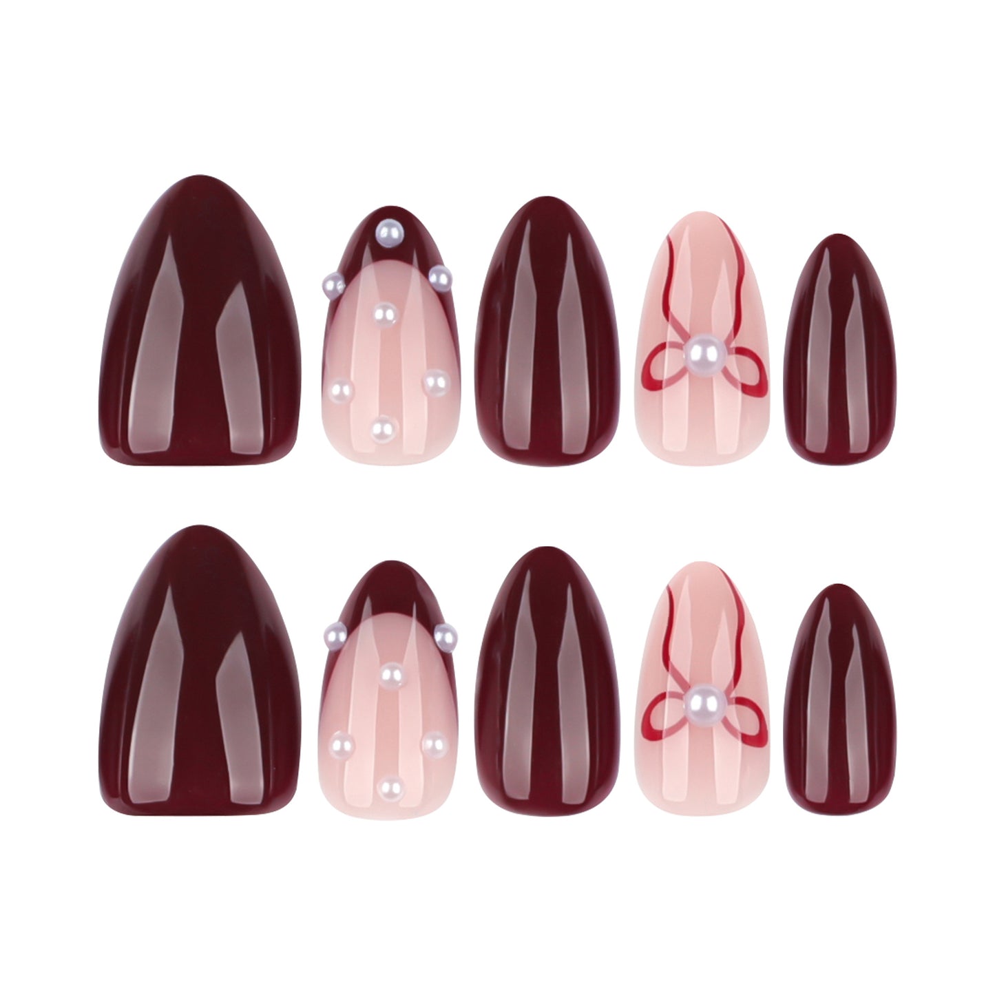Burgundy Press On Nails with Nude Pink Accent Pearl and Bow Design Glossy Almond Shape Elegant Vintage Style Full Cover False Nails Kit Reusable 128
