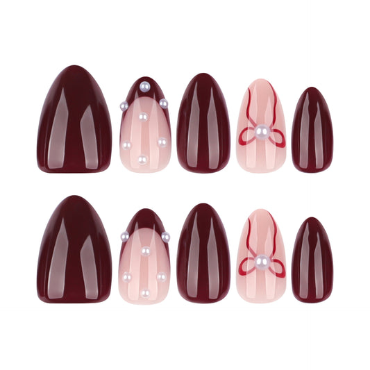 Burgundy Press On Nails with Nude Pink Accent Pearl and Bow Design Glossy Almond Shape Elegant Vintage Style Full Cover False Nails Kit Reusable 128