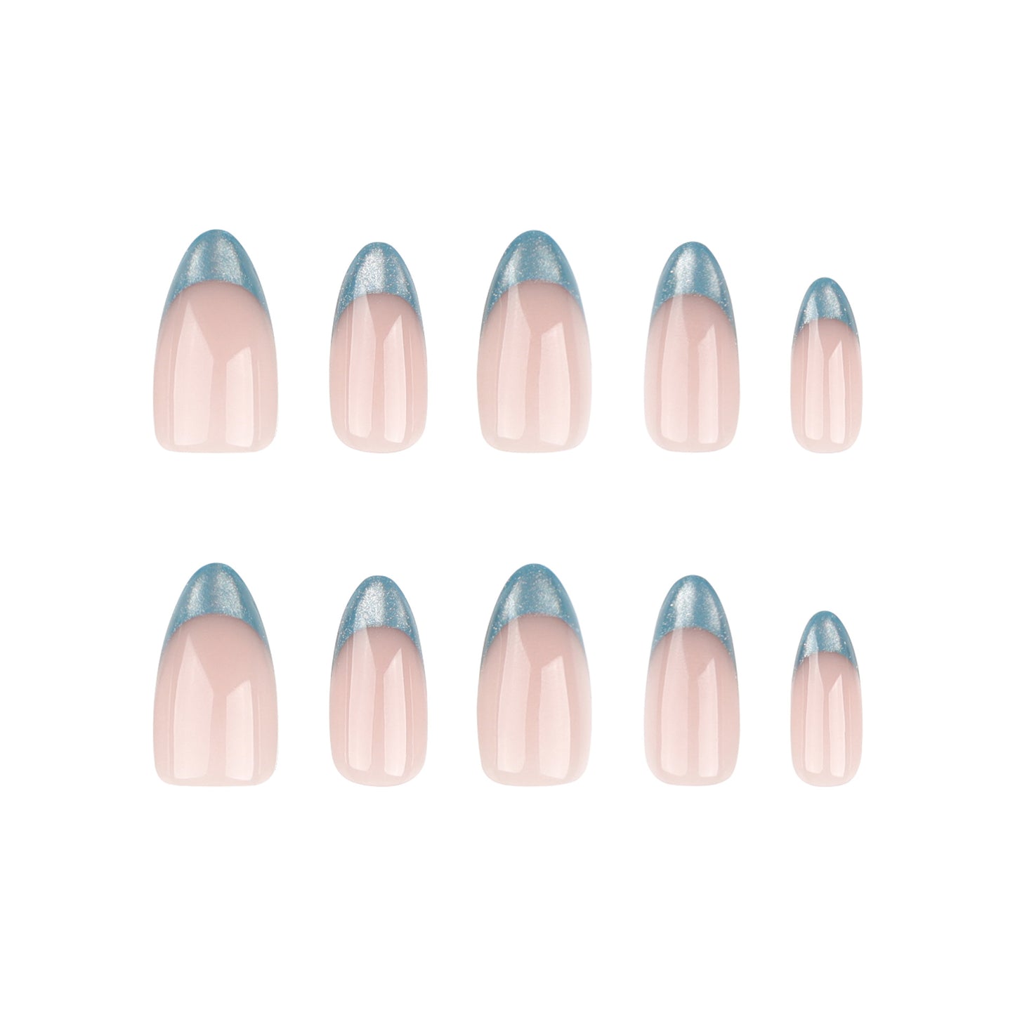 Nude Pink Press On Nails with Blue Glitter French Tips Almond Shape Glossy Minimal Luxury Design Reusable Full Cover False Nails Kit Elegant Everyday Nails 100