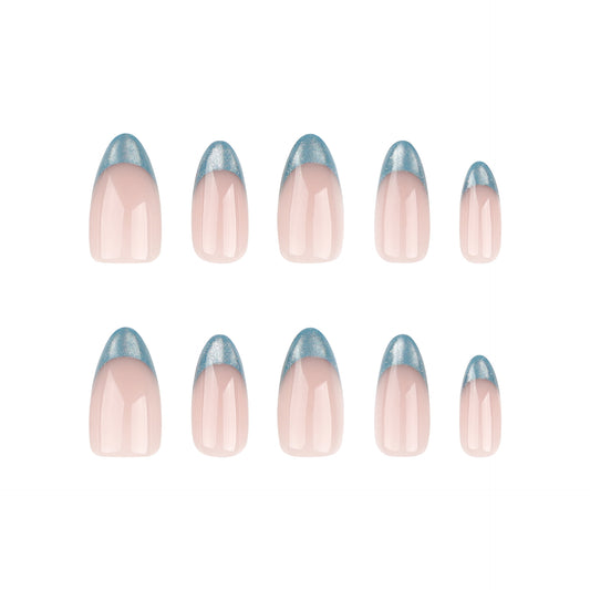 Nude Pink Press On Nails with Blue Glitter French Tips Almond Shape Glossy Minimal Luxury Design Reusable Full Cover False Nails Kit Elegant Everyday Nails 100