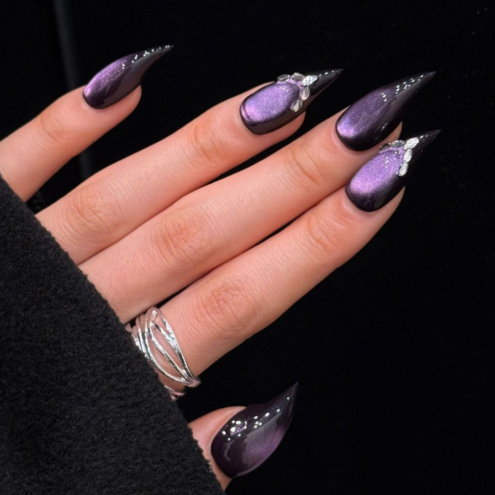 Black & Purple Cat Eye Press-On Nails – Curved Stiletto Dragon Claw Nails with Rhinestone & Silver Bead Details | Gothic Luxury Reusable Nail Set 296