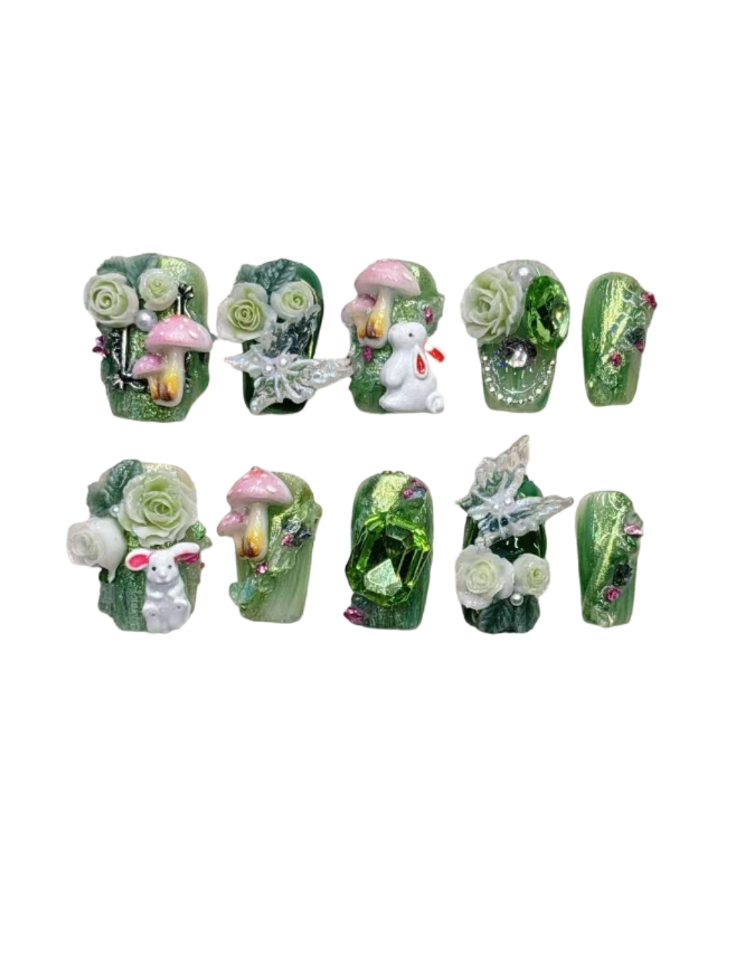 Forest Fairy Press-On Nails – Mint Green Cat Eye Almond Nails | 3D Bunny, Mushroom & Floral Reusable Nail Set 257