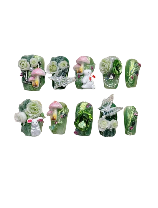 Forest Fairy Press-On Nails – Mint Green Cat Eye Almond Nails | 3D Bunny, Mushroom & Floral Reusable Nail Set 257
