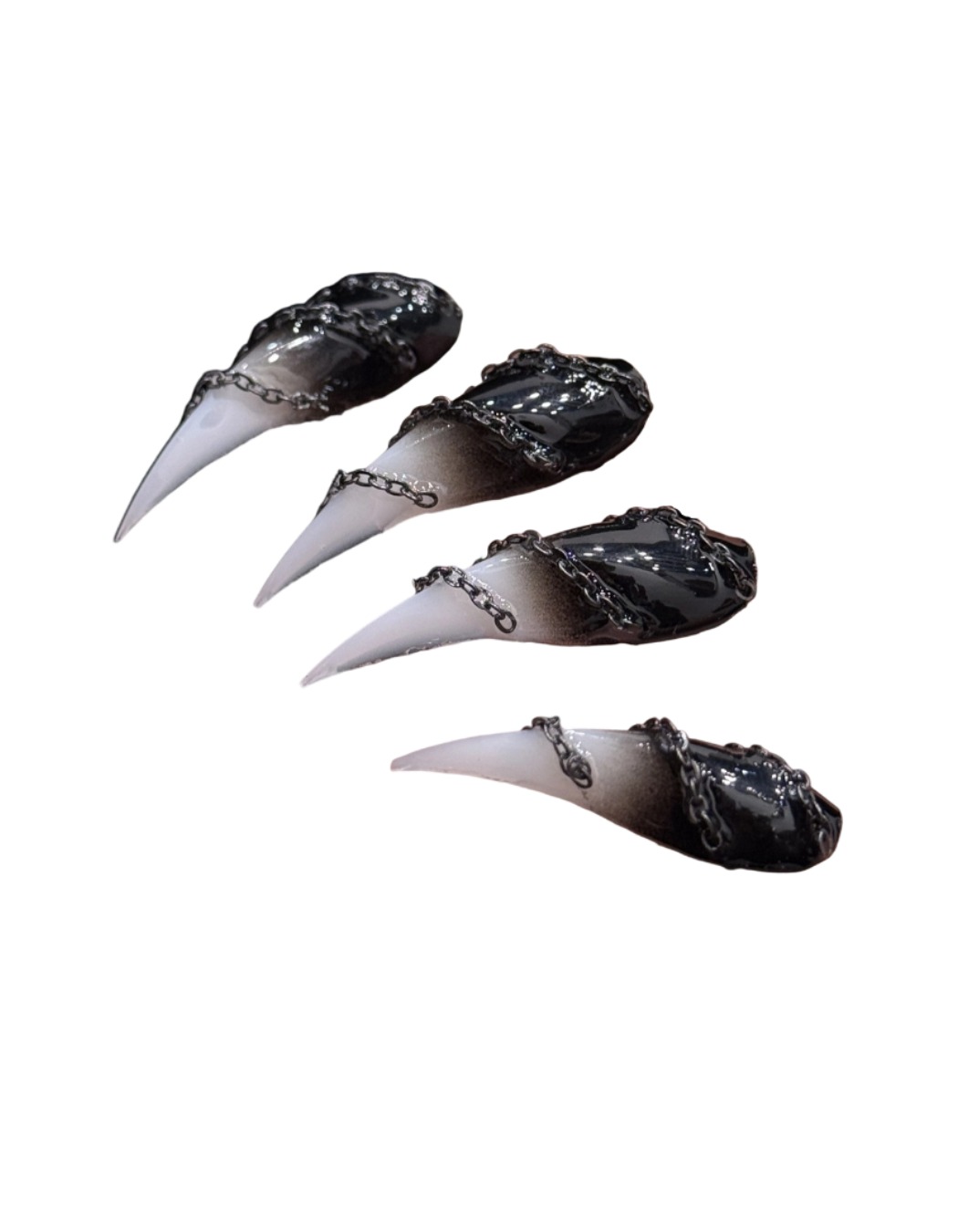 Black & White Ombre Dragon Claw Press-On Nails – Curved Stiletto Nails with Metal Chain Detail | Gothic Punk Reusable Nail Set 294