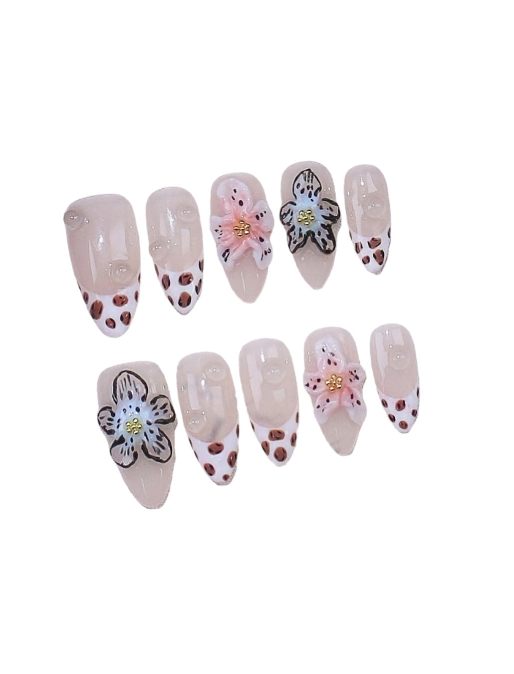 Floral Leopard Print Press-On Nails – 3D Floral French Tip Short Almond Nails | Reusable Nail Set 256