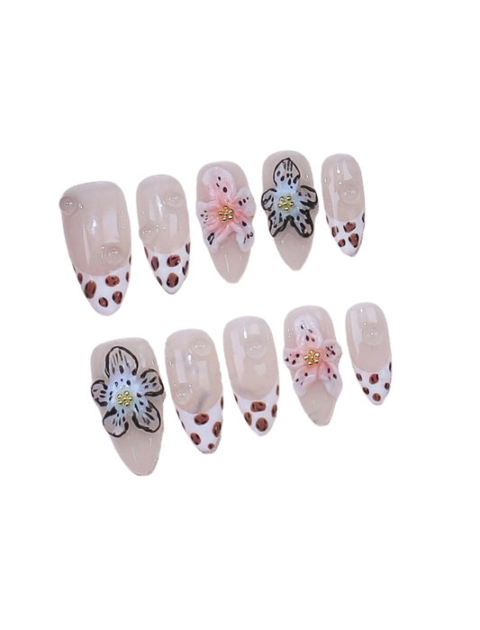 Floral Leopard Print Press-On Nails – 3D Floral French Tip Short Almond Nails | Reusable Nail Set 256