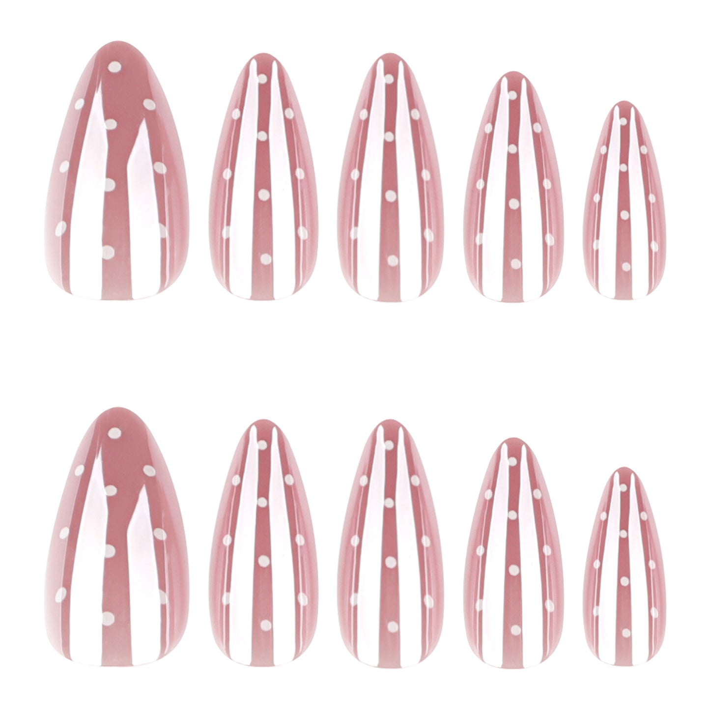 Dusty Pink Press On Nails with Polka Dots and Stripe Design Almond Shape Glossy French Cute Style Reusable Full Cover False Nails Kit Vintage Minimal Everyday Nails 93