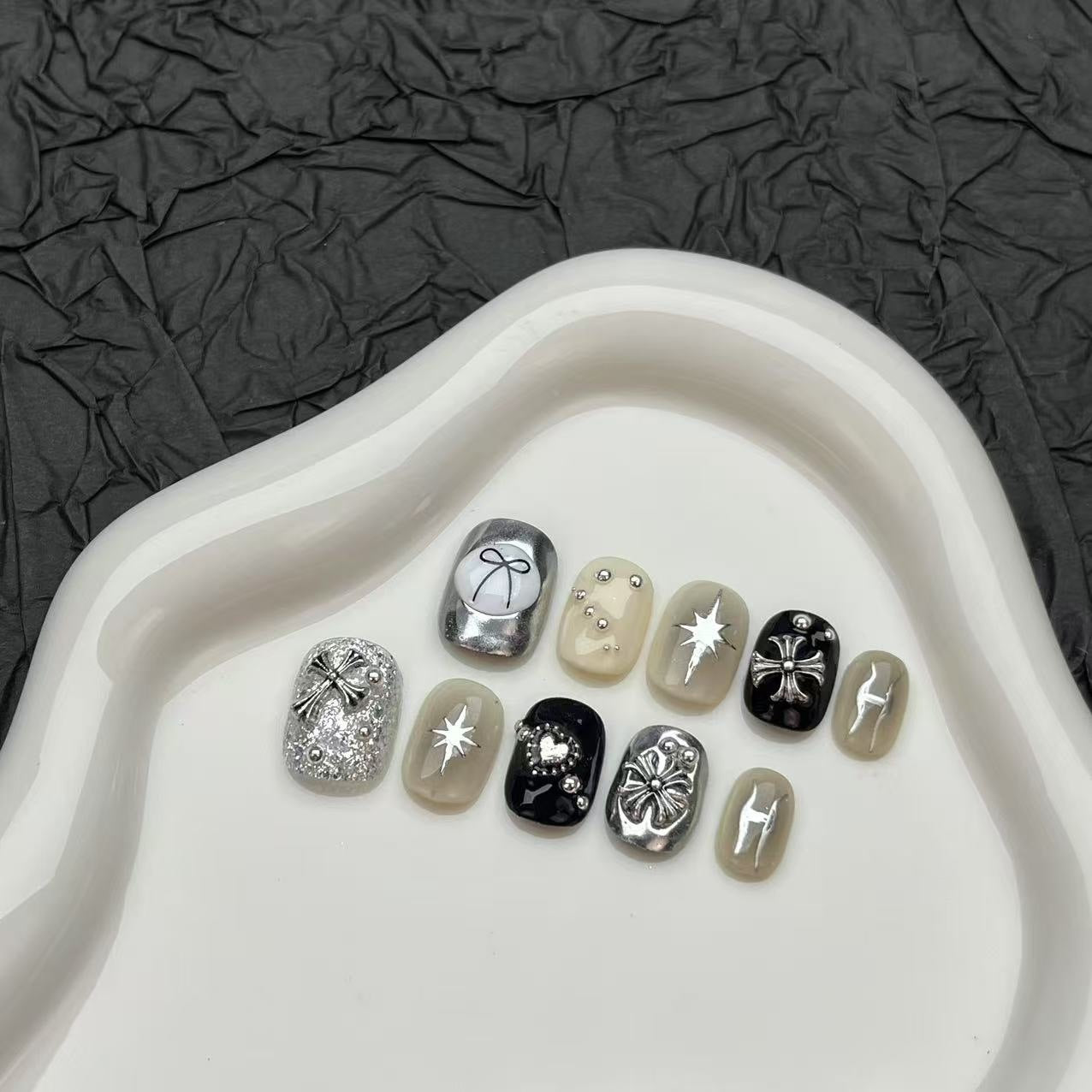 Edgy Color Block Press On Nails – Short Squoval Black, White & Silver Nails with Metal Studs 192
