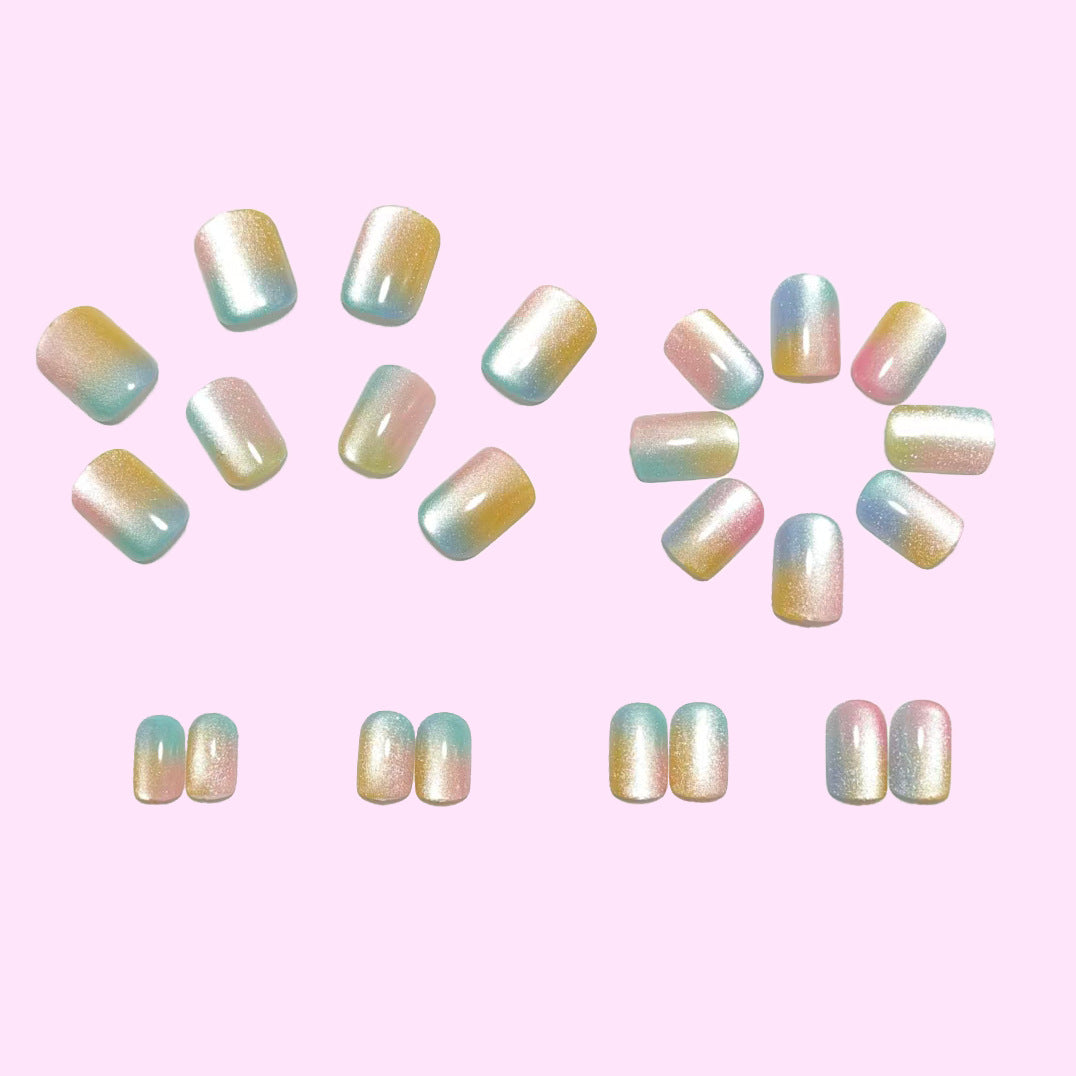 Pastel Cat Eye Press On Nails Short Square Aurora Gradient Blue Pink Yellow Glossy Glue On Nails Reusable Cute Set 48