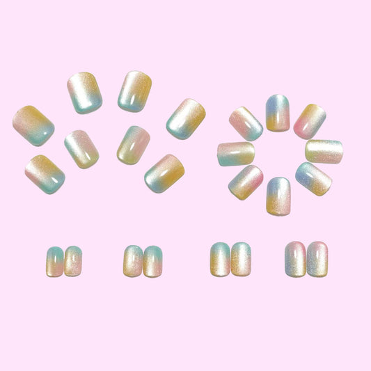 Pastel Cat Eye Press On Nails Short Square Aurora Gradient Blue Pink Yellow Glossy Glue On Nails Reusable Cute Set 48