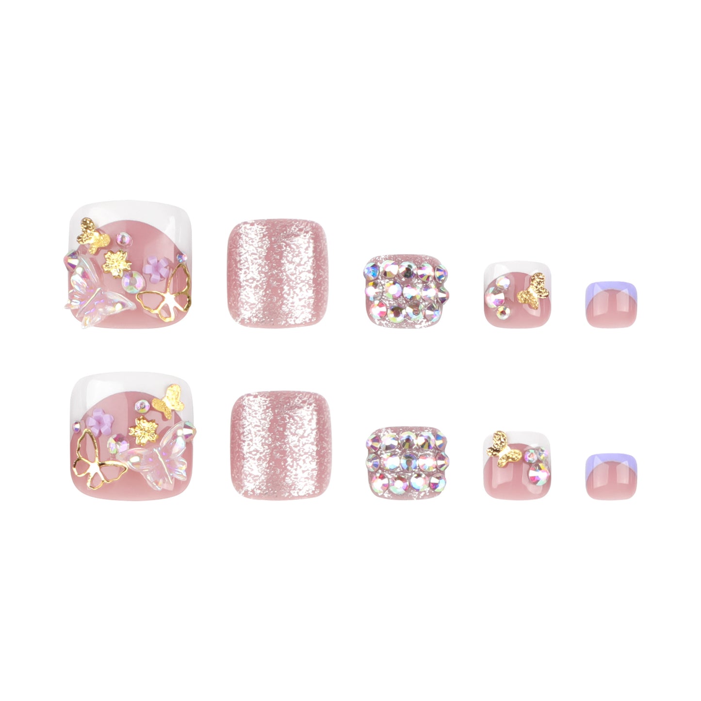 Nude Pink Press On Toenails with Rhinestones Butterfly Floral Design Glossy Short Squoval Shape Glam Full Cover False Toe Nails Kit Reusable Pedicure 113