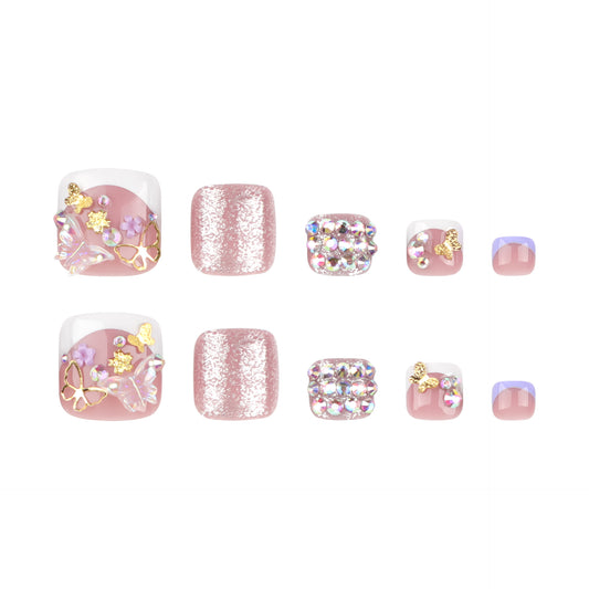 Nude Pink Press On Toenails with Rhinestones Butterfly Floral Design Glossy Short Squoval Shape Glam Full Cover False Toe Nails Kit Reusable Pedicure 113