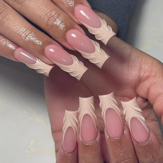 3D Nude Pink Press On Nails Long Coffin Embossed Feather Petal Glossy Reusable Glue On 21