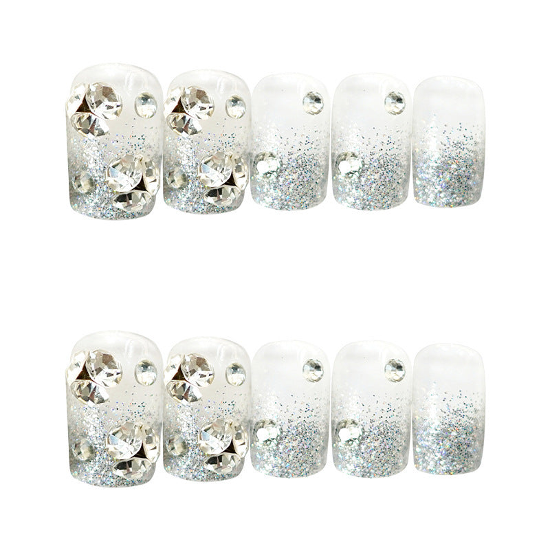 Silver Glitter Press-On Nails Short Square Rhinestone Gradient Reusable Glue On Fake Nails Bling Set 38