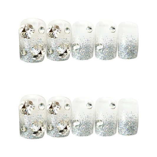 Silver Glitter Press-On Nails Short Square Rhinestone Gradient Reusable Glue On Fake Nails Bling Set 38