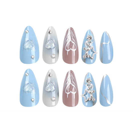 Blue Pink Cat Eye Press On Nails with Heart Charms Star Rhinestones Almond Shape Glossy Gradient Y2K Cute Cool Design Reusable Full Cover False Nails Kit 98