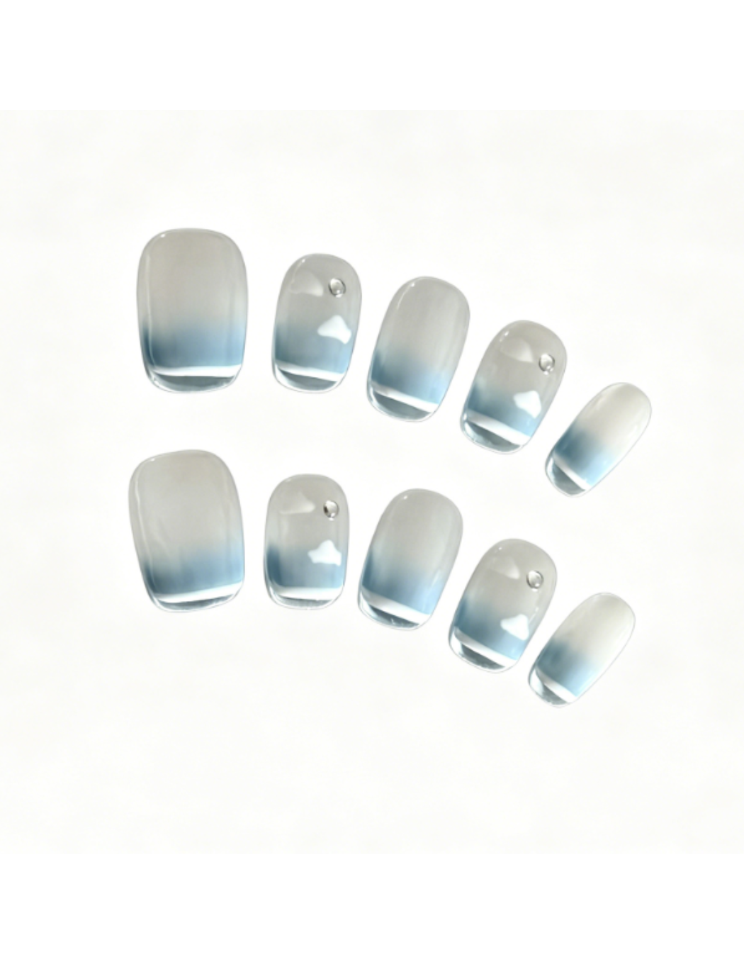 Nude Ice Blue Press On Nails Squoval – Cloud Gradient Rhinestone False Nails Glossy Reusable Full Cover Nail Set 181