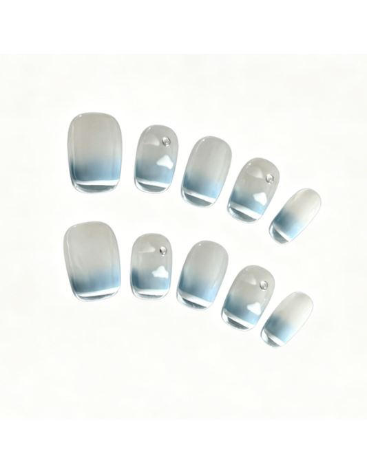 Nude Ice Blue Press On Nails Squoval – Cloud Gradient Rhinestone False Nails Glossy Reusable Full Cover Nail Set 181