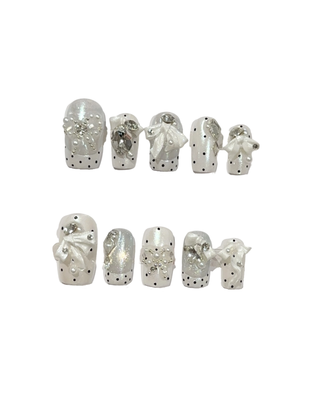 Pearl White Press-On Nails – Cat Eye French Tip Short Square Nails | 3D Bow, Rhinestone & Pearl Charm Reusable Nail Set 258