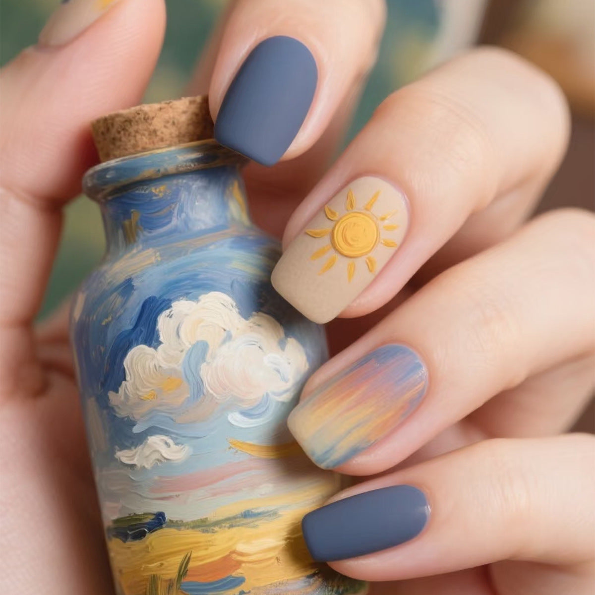 Sunset Ombre Press On Nails Short Round Matte Orange Purple Blue Gradient 3D Sun 11