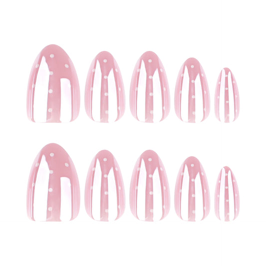 Nude Pink Polka Dot Press On Nails Almond Shape Glossy Fake Nails Short Elegant French Style Cute Minimalist Reusable Full Cover Acrylic Nails Kit 136