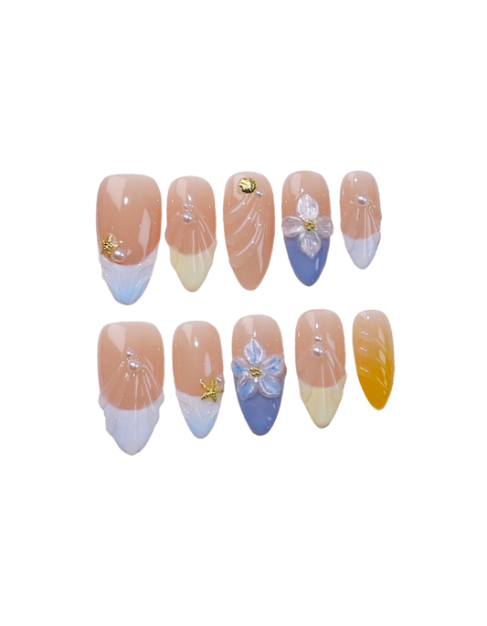 Multicolor Gradient 3D Flower Press-On Nails – Almond/Oval Handmade Pastel Nail Set with Gold Stars & Pearls 227