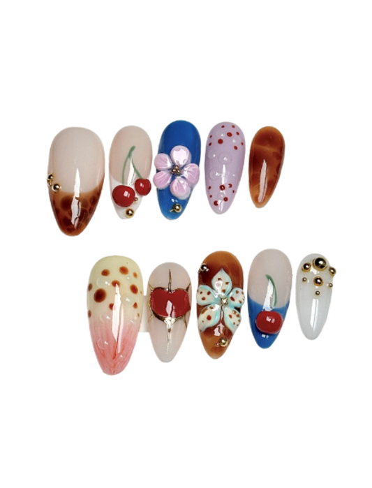 Retro Colorful Press-On Nails – Cherry Floral Y2K Almond Nails | Vintage Pattern & Charm Reusable Nail Set 265