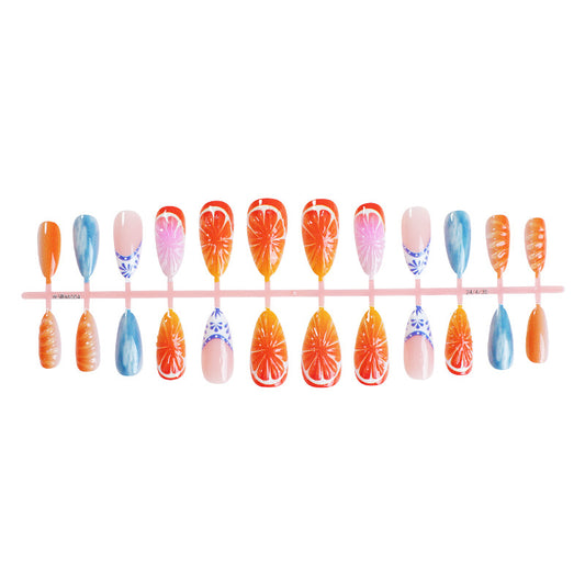 Press On Nails Summer Fruit Design Grapefruit Orange Blue French Tip Glossy Fake Nails Reusable Nail Set Vacation Nails 66