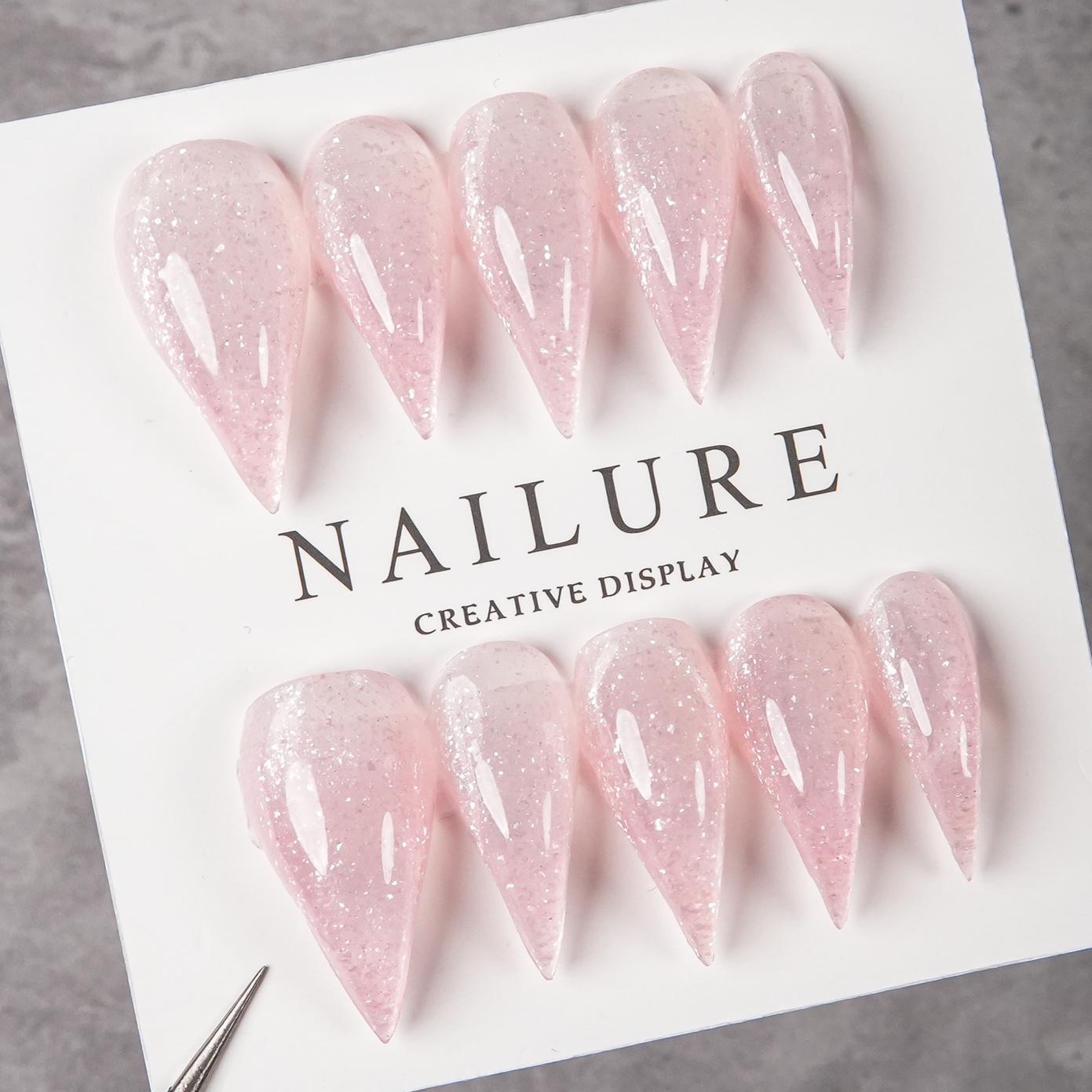 Pink Glitter Press-On Nails – Sheer Nude Sparkle Dragon Claw Nails | Long Stiletto Reusable Nail Set 273
