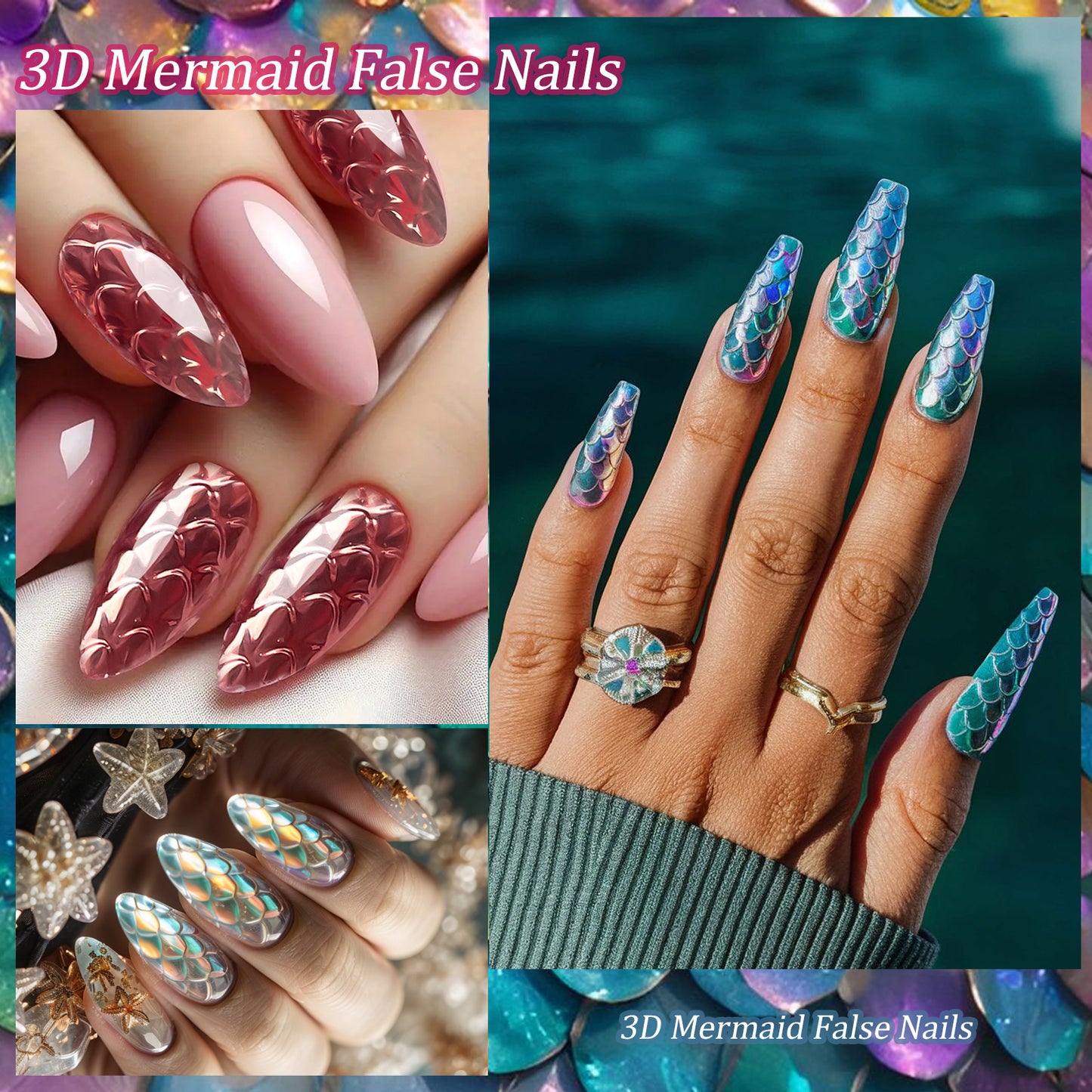 3D Mermaid Scale Press On Nails Long Almond Stiletto Soft Gel Full Cover 120/140PCS 07