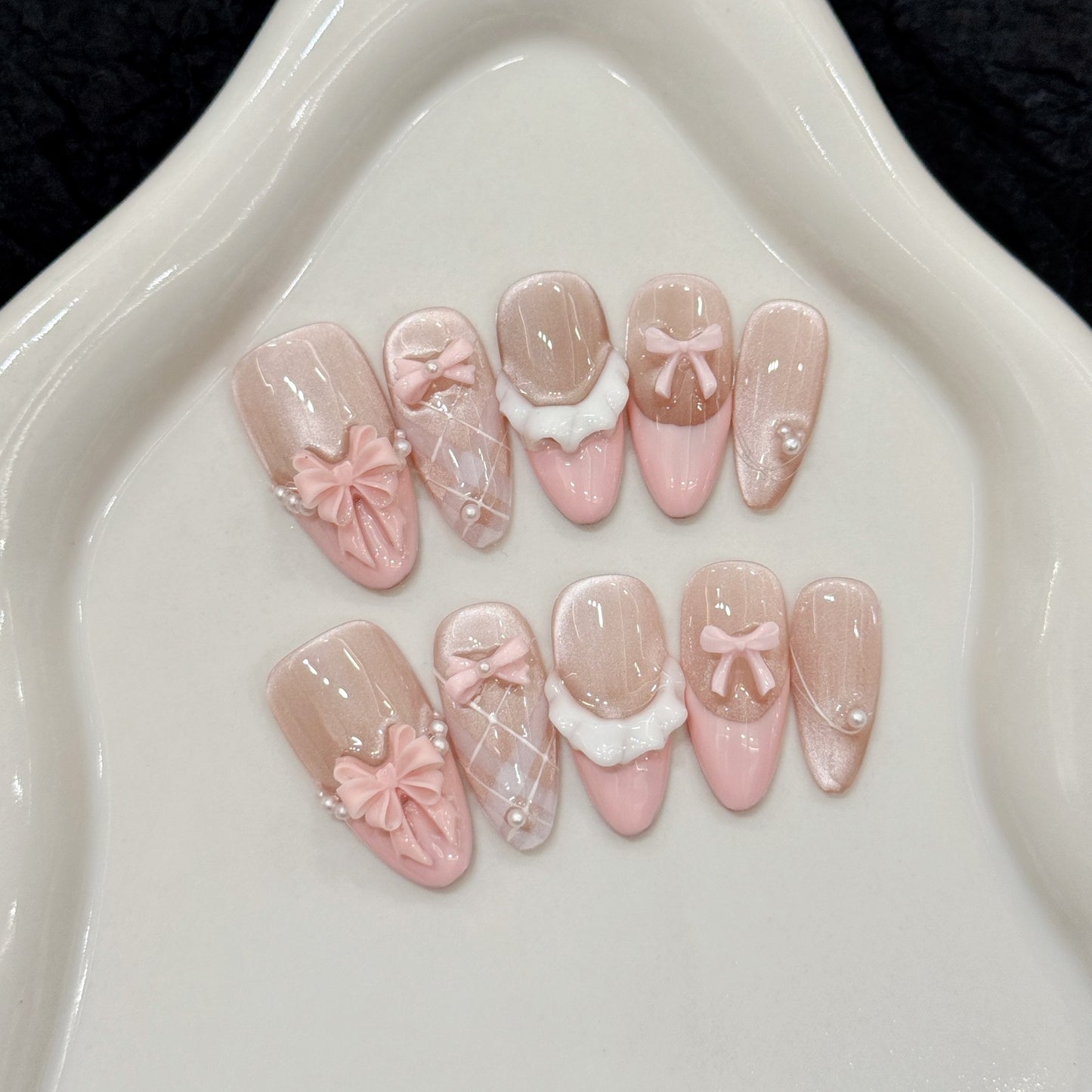 Nude Pink Cat Eye Press On Nails – Almond Soft Luxury Bow Pearl Acrylic Nails 157