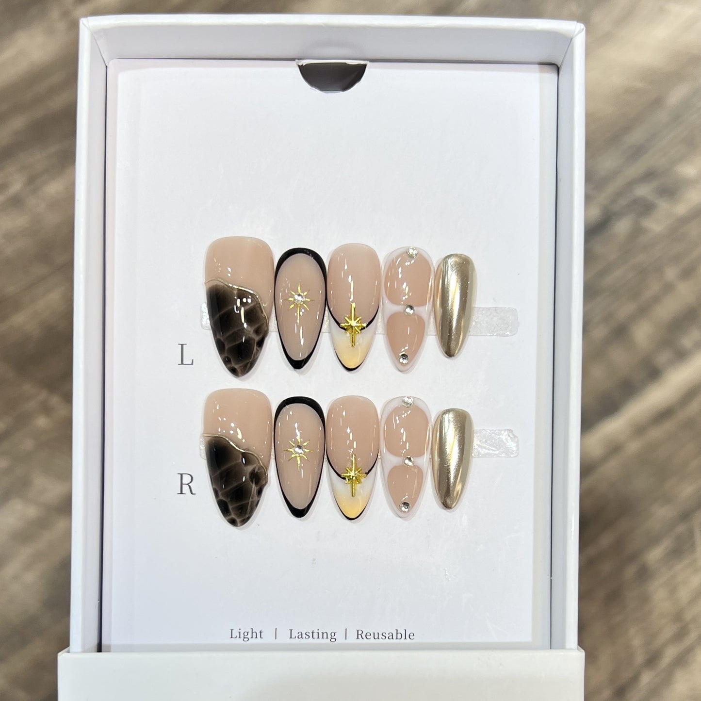 Amber Tortoise & Gold Almond Press On Nails – Clear Nude Base, Reusable Minimalist Luxury for Work, Casual & Evening 196